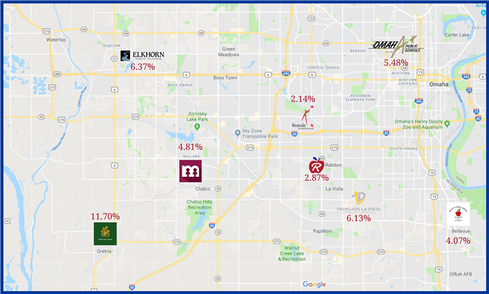 Map showing property valuation increases across area school districts